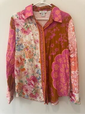Rachel Zoe patchwork Floral Boho Button Down Pink Multicolor Linen Blend M